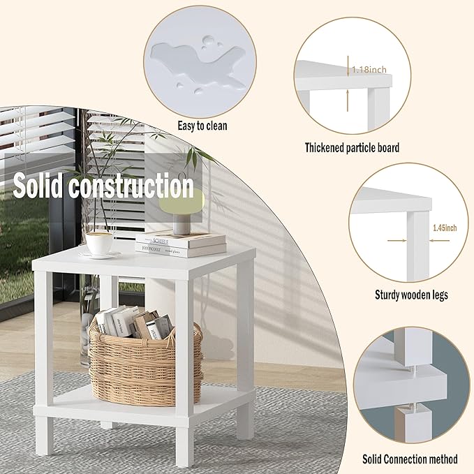Large End Table Square Side Table Modern Sofa Table 20 Inch Industrial Coffee Table NightStand with 2-Tier Storage Shelf for Living Room Bedroom White MLBZ06W