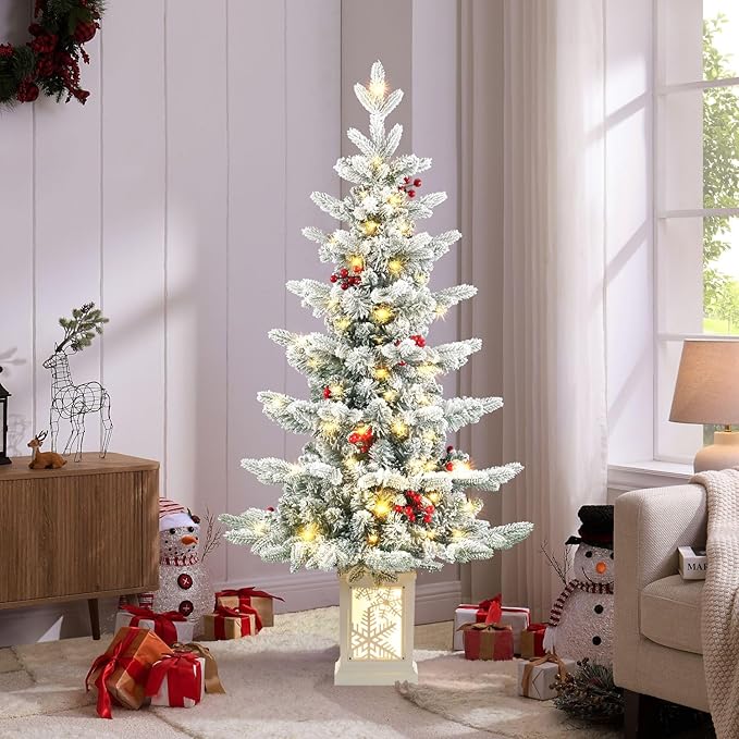 Two Pack Small Pre-Lit Christmas Tree with LED Lights - 3.5FT Snow Flocked Ariticifial Tree with Snowflake Base, Battery Operated & Auto Timer for Home Office Xmas Decor
