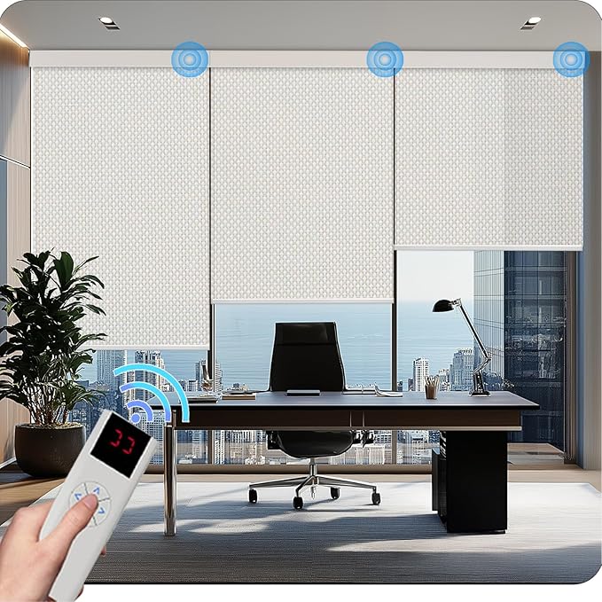COOLWINDS Motorized Blinds with Remote Cordless Automatic Motorized Shades Custom Blinds for Windows Smart Curtains Compatible with Alexa Google Home(3% Solar Beige,W37 x H72in)