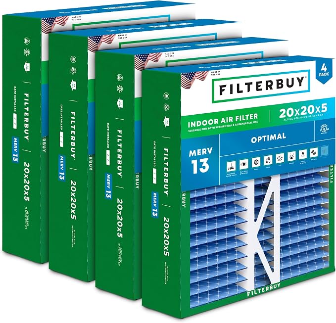 Filterbuy 20x20x5 Air Filter MERV 13 Optimal Smoke & Allergy Defense, Pleated