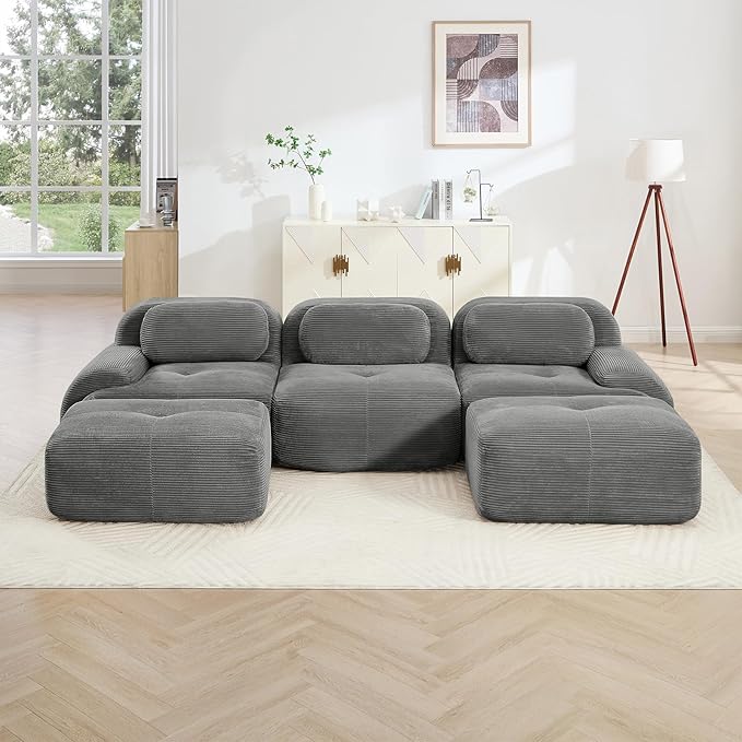 116" Modern Compressed Boneless Couch with Ottoman, 3 Seater Large U Shaped Sectional Couches for Living Room, Gray Corduroy Cloud Modular Sectional Sofa, Memory Foam, Extra Deep, No Assembly