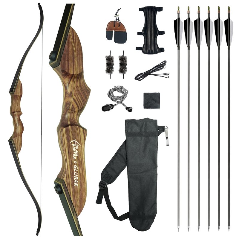 Black Hunter Recurve Bow and Arrow Set, GLURAK 60'' Wooden Takedown Recurve Bows Package, Archery Bow Kit for Target Practice and Hunting, Right Hand, 30LB
