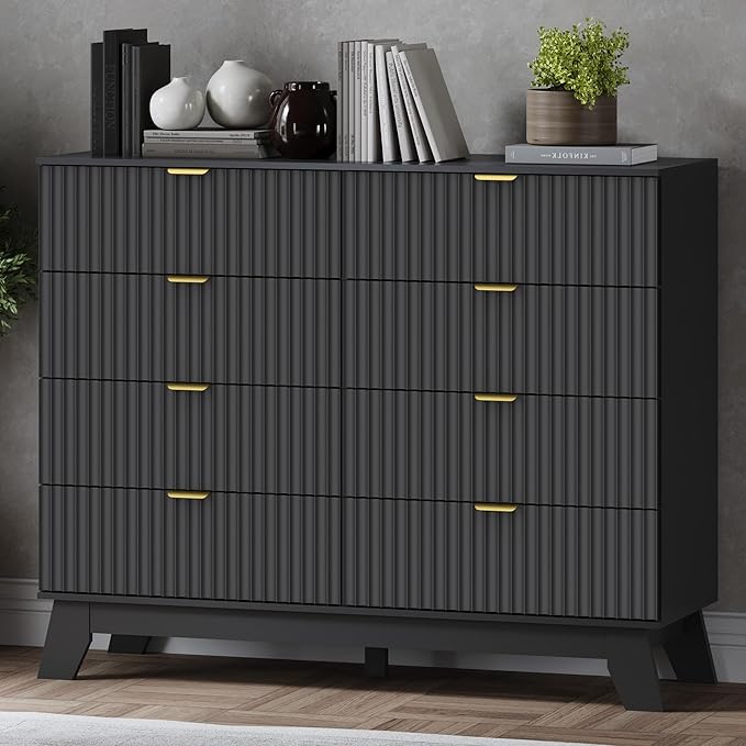 Fluted 8 Drawer Tall Dresser, 47.2" Wide Modern Boho Chest of Drawers, Wooden Storage Dresser TV Stand for Bedroom, Living Room, Closet, Hallway, Curved Profile Design