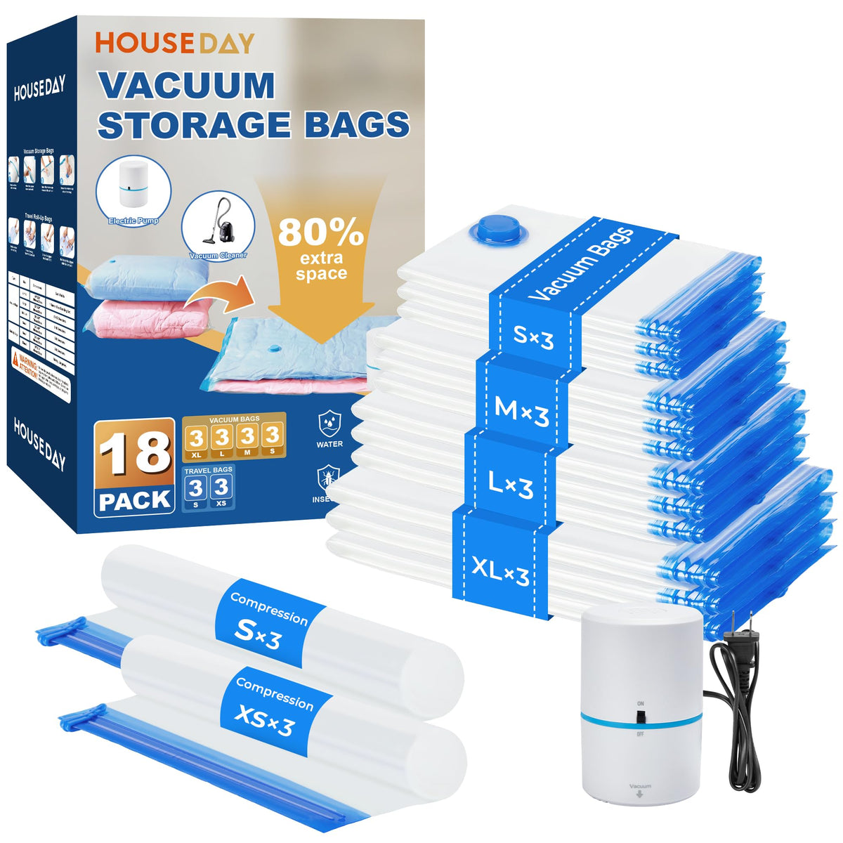 HOUSE DAY 22 Pack Vacuum Storage Bags with Pump,Space Saving Vacuum Seal Bags For Clothing Travel,4 Jumbo/4 Large/4 Medium/4 Small, 2S/2XS/2XXS Roll Up Bags, Hand Pump Included, Sealer Clothes Storage