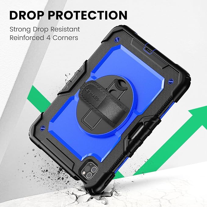 SEYMAC Case for iPad Pro 11 4th/3rd/2nd/1st Gen 2022-2018 Black | Full-Body Shockproof Protective Built-in Screen Protector 360° Rotating Stand Hand/Shoulder Strap Pencil holder