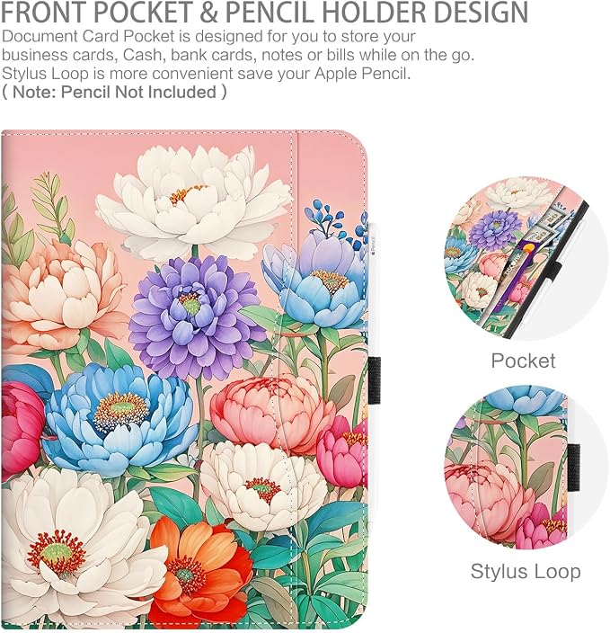 Case for iPad Air 13-inch M4/M3/M2 iPad Pro 12.9 6th/5th/4th/3rd Generation Case with Pencil Holder Multi-Angle Adjustable Stand Shockproof Pocket/Hand Strap/Auto Wake Sleep Sunflowers Butterfly