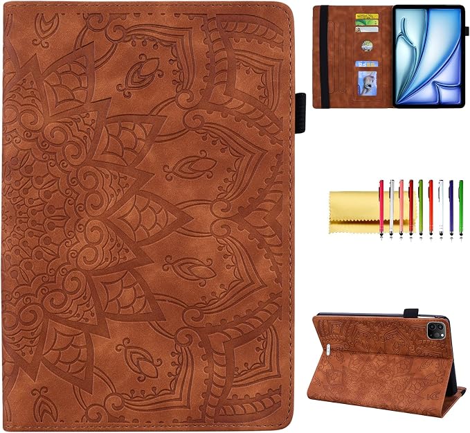 Folio Case for iPad Pro 11 2018-2022 iPad Air 11 2025/2024/Air 10.9 - Techcircle Stand Mandala Embossed PU Leather Soft TPU Cover with Elastic Strap Card Slots Pencil Holder - Pink