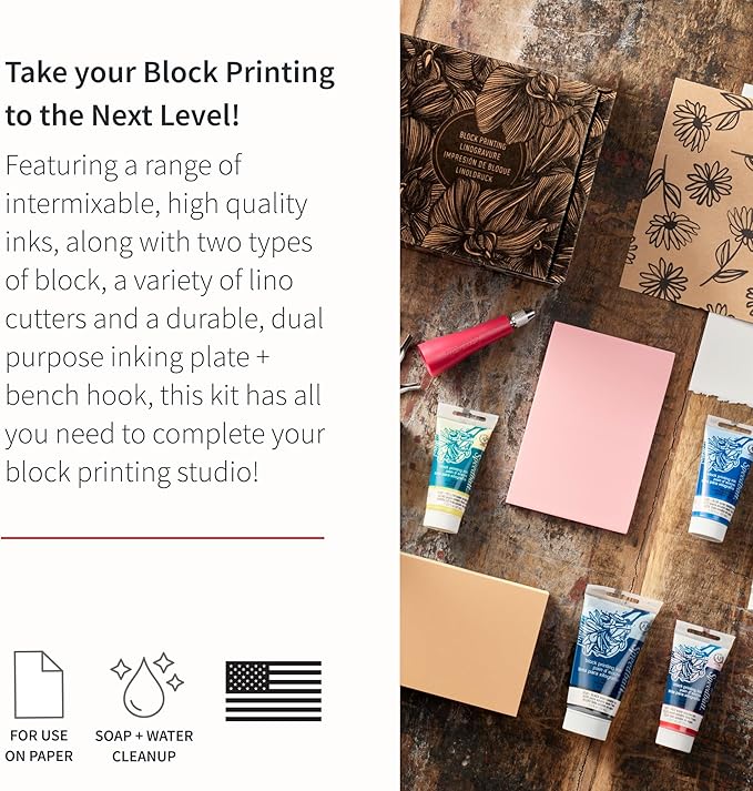 Speedball Deluxe Block Printing Kit - Includes Inks, Brayer, Bench Hook, Lino Handle and Cutters, Speedy-Carve Block, Mounted Linoleum Block (3472)