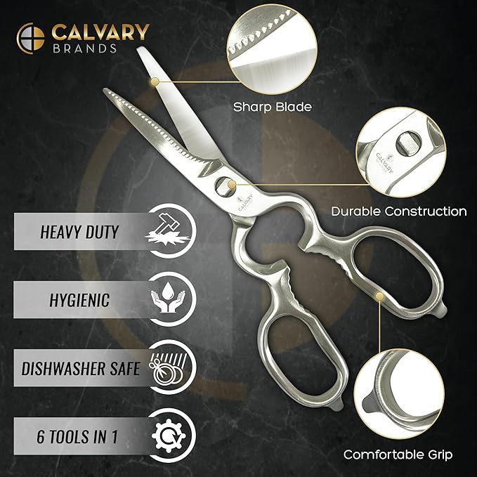 Calvary Brands Kitchen Scissors for Food | Professional Chef Endorsed | Kitchen Shears Heavy Duty | All Purpose | Dishwasher Safe | Stainless Steel | Luxurious Design for Cooking Food, Meat, Poultry