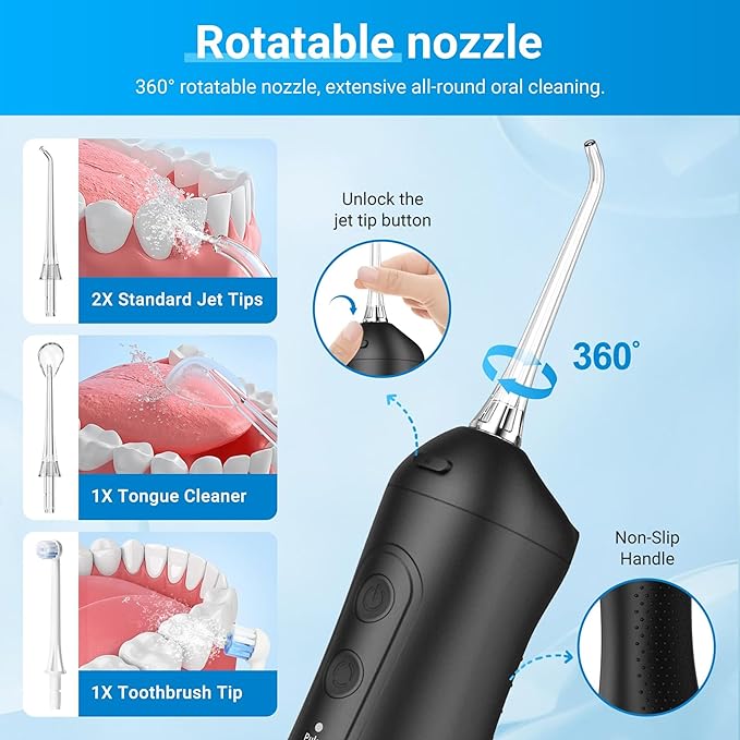R REVA Portable Water Flosser for Teeth - 4 Modes Cordless Oral Irrigator with 300ML Tank, 360° Rotating Nozzle, 4 Jet Tips, Rechargeable, IPX7 Waterproof, Low Noise Gravity Ball Design (M159 - Black)