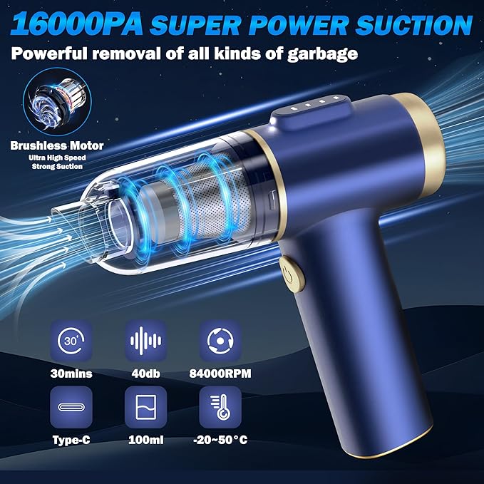 Handheld Car Vacuum Cleaner, 2-in-1 Portable Mini Car Vacuum Cleaner,16000Pa High Power & Air Duster, Handheld Vacuum Cordless with LED Light and Multi-Nozzles for Car,Home,Office,Pet(Blue)
