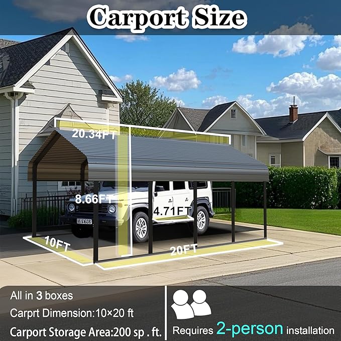 10x20 FT Metal Carport Heavy Duty with Galvanized Steel Roof & Frame, All-Weather Portable Car Garage Canopy Shelter for Cars, Safe Boat Cover Car Ports for Yard