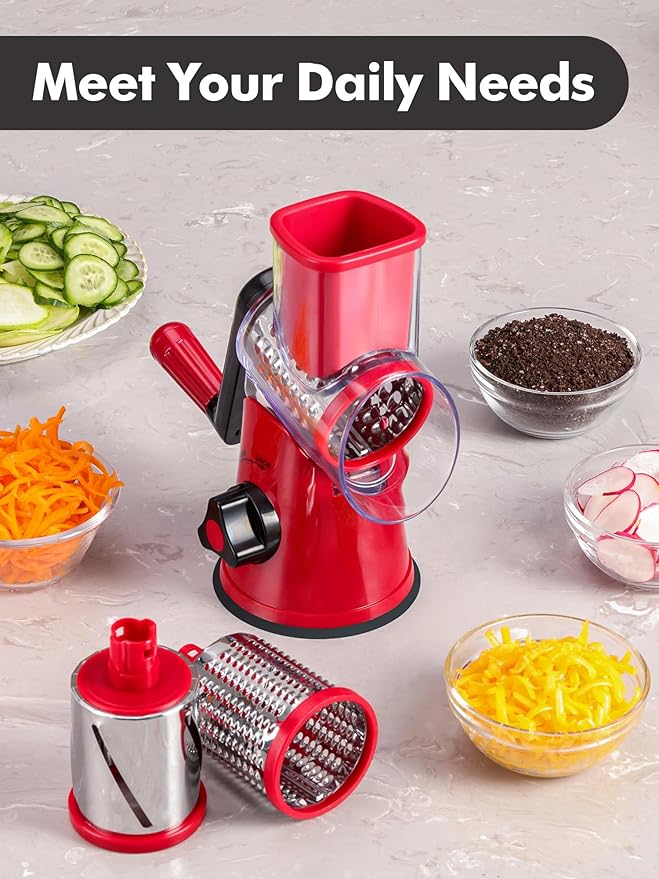 LucGee Rotary Cheese Grater with Handle - 3 in 1 Cheese Shredder Rotary Grater Stainless Steel Handheld, Vegetable Slicer for Fruit, Cheese, Nuts(Red)
