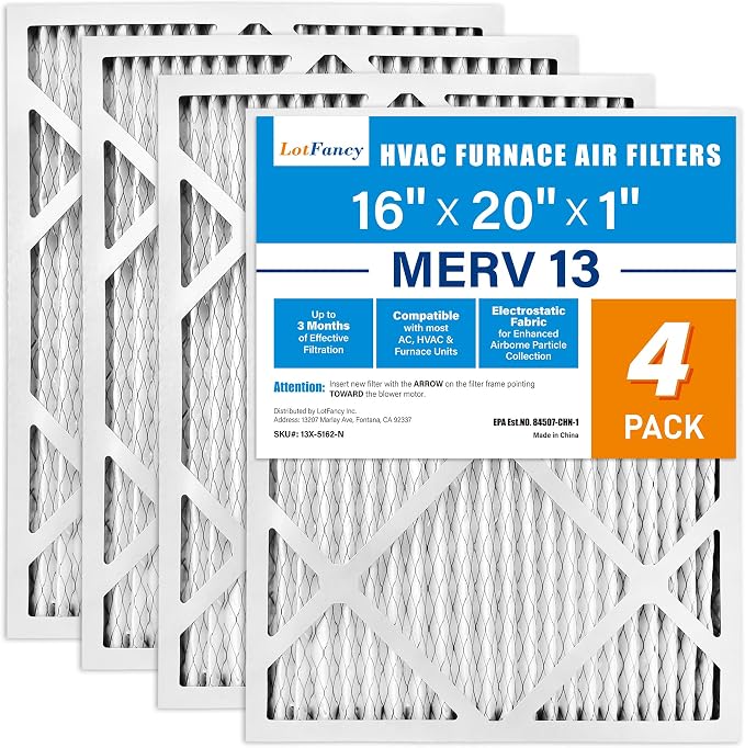 LotFancy 16x20x1 Air Filter MERV 13 4-Pack, Electrostatic Pleated HVAC Furnace