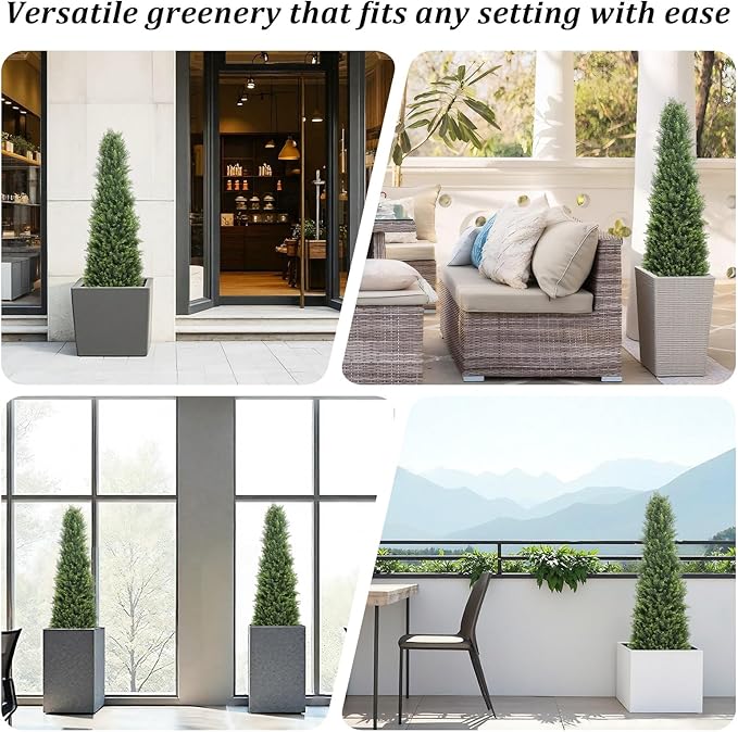Artificial Cedar Topiary Trees Set of 2, 48'' UV Resistant Faux Cypress Pine Plants Outdoor, 4ft Large Realistic Faux Evergreen Cone Bushes & Shrubs for Front Porch Planter Christmas Decor