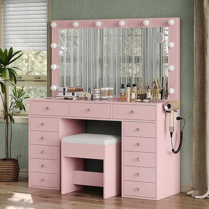 13 Drawers Vanity Desk, 47''W Makeup Vanity with Power Outlet, Vanity Table with Mirror and 12 LED Bulbs, 3 Color Lighting Modes, Glass Top, Dressing Table for Bedroom (Pink)