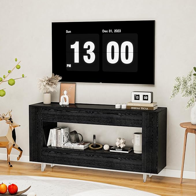 Vavkorkula TV Stand for 65 Inch with 2 Large Drawers & Hidden Storage Cabinets, Modern Farmhouse Entertainment Center Television Stands for Living Room Bedroom, Black