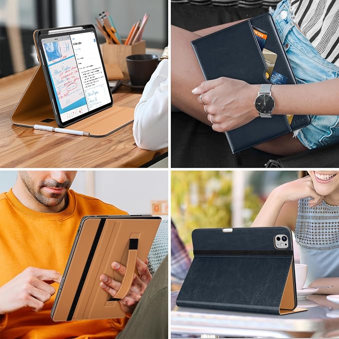 DTTO for iPad Pro 13 Inch Case (M5) 2025 / (M4) 2024 Brown | Premium Leather Business Cover with Pencil Holder Hand Strap &amp Pocket Corner Protection Auto Sleep/Wake Multiple Angles