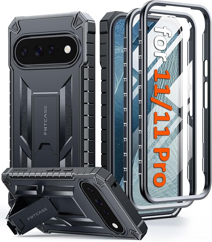 FNTCASE for 11 Pro XL Case Rugged Kickstand 2 Front Frames Black | Built-in Screen Protector 20FT Military-Grade Drop Protection Rugged Heavy Duty Shockproof Full Body Protective Cover