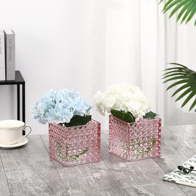 Square Vases Set of 6, 5" x 5" x 5" Square Glass Vases for Flowers, Pink Flower Vase for Centerpieces, Small Bubble Vase for Wedding, Party, Home, Office, Parties, Events