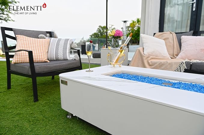 Elementi+ | Athens Gas Fire Pit | Cast Concrete Body & Marble Porcelain Top | 62" Rectangular Fire Table | Electronic Ignition | Canvas Cover, Fire Glass & Burner Lid Included | White | Natural Gas
