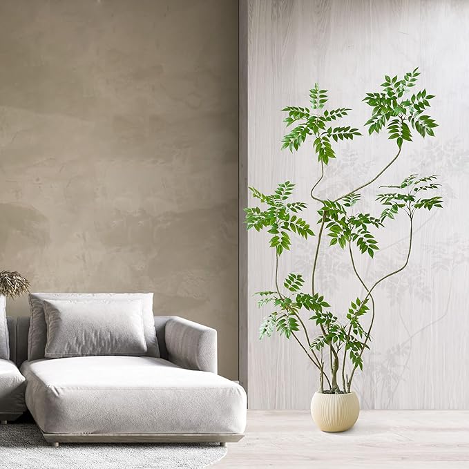 Artificial Sumac Tree：6FT Faux Mahonia Fortunei Tree Realistic Fake Floor Plant Silk Leaves & Elegant Branches in Pot Fake Plant for Minimalist Decor Indoor Home Sala Office Hotel Patio Studio