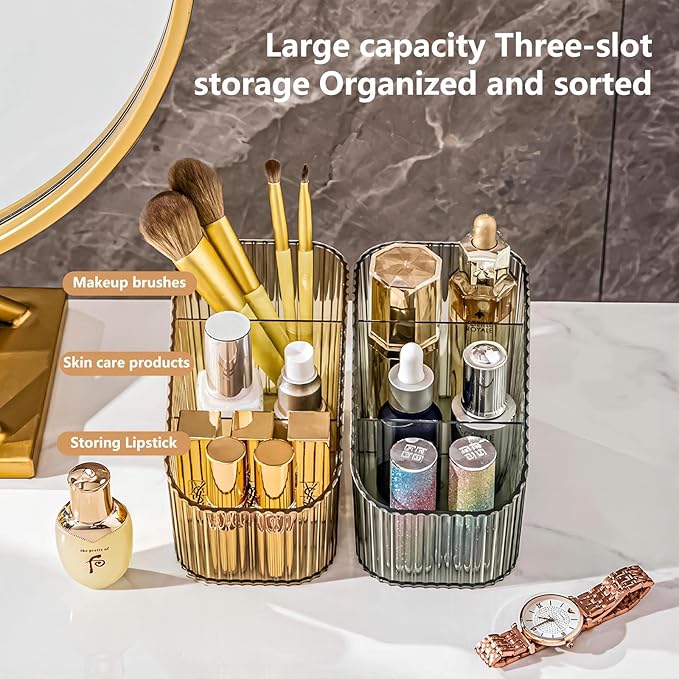 DASITON Large Capacity Makeup Brush Holder,3 Slot Makeup Brush Cup,Vintage striped Make Up Brush Holder,for Vanity Decor,Bathroom Countertops,Desk Storage Container,Cosmetic Display cases(Green-S)