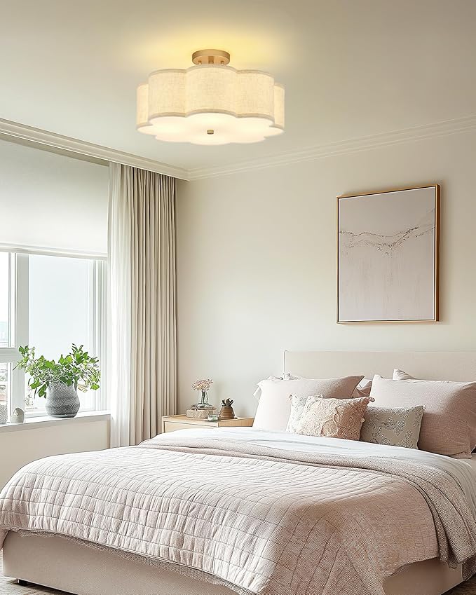Gold Semi Flush Mount Ceiling Lights, 4-Light 18" Brass Light Fixtures Ceiling Mount with Linen Fabric Drum Shade in Flower Shape for Nursery Bedroom Kitchen Hallway, AD-22009-4SF-GD-B