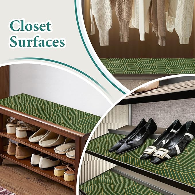 Shelf Liners for Kitchen Cabinets 17.5in x 30FT, Non Adhesive Cabinet Liner Strong Non-Slip Thickened Gold Green Geometric Drawer Liner, Easy to Clean for Shelf, Cabinet with Knife and Tape Measure