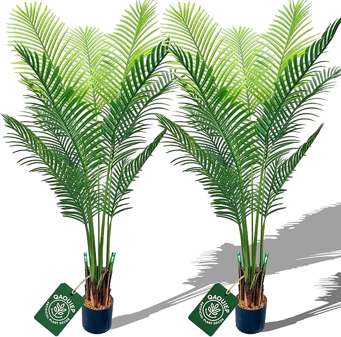 5ft Artificial Areca Palm Plant Fake Palm Tree with 17 Trunks Pre-Potted Artificial Plant with Realistic Moss for Home Office Faux Tree for Indoor Outdoor (5 Feet-2 Pack)