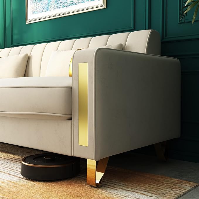 Couch 85.62" 3 Seats Sectional Velvet Fabric Sofa Easy Assemble Sofa Bed with 2 Couch Pillows,Gold Metal Legs for Living Room (P17, Beige)