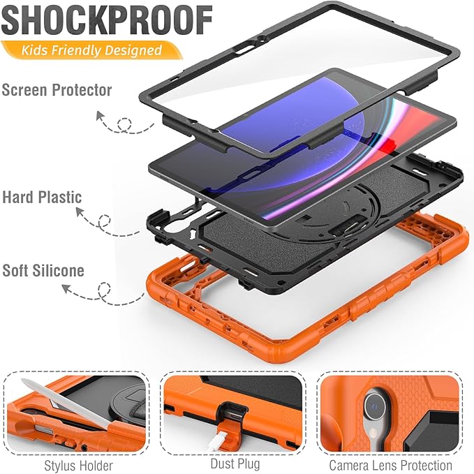 HXCASEAC Case for Galaxy Tab S10 FE / S9 FE 5G 10.9 inch, Shockproof Design with Screen Protector, 360° Hand Strap Stand, S Pen Holder, Heavy Duty Protective Samsung S9 FE / S10 FE Tablet Case,Orange