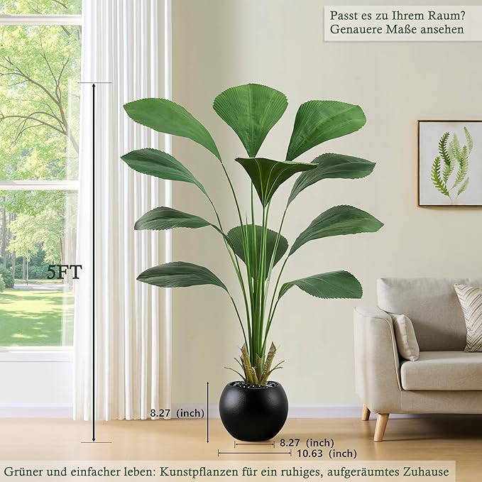 Artificial Sumatra Palm Tree: 5FT Fake Licuala Fan Palm Tree Faux Tropical Plant Realistic Tall Floor Plant in Black Egg-Shaped Pot for Home Living Room Office Decor Patio Hotel Indoor Outdoor