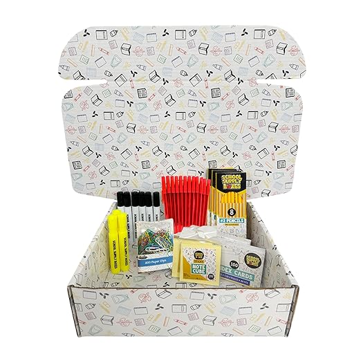 School Supply Boxes | Teacher Bundle (1 Box) | Back to School Essentials Kit Designed for Teachers | Includes Pencils, Red Pens, Dry Erase Markers, Sticky Notes, Paper Clips & More