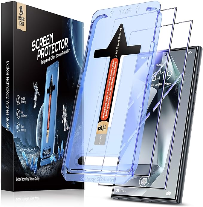 MAGIC JOHN 2 Pack for Samsung Galaxy S24 Ultra Tempered Glass Screen Protector Auto Dust-Elimination Installation Bubble Free HD Clear Easy Installation