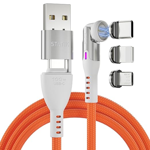 Statik 360 Pro Magnetic Charging Cable - Type C Charger Fast Charging 3 in 1 USB C to USB C Cable Micro USB &amp iProduct Tips USB A Adapter Fits All Devices - 100W Fast Charger Black 10FT/3M