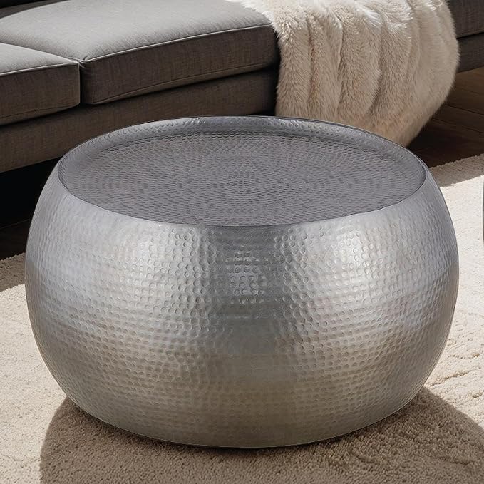 Modern Contemporary Round Aluminum Material 32" Coffee Table and 21" Height End 2PC Table Set with Glossy Hand Hammered Design Antique Silver