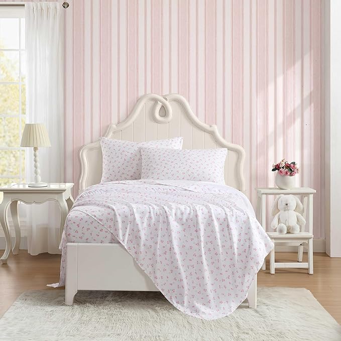 Laura Ashley - Kids Sheet Set, Ultra-Soft & Breathable Toddler Bedding with Matching Pillowcases, Wrinkle-Resistant, Ideal Girl Room Essentials (Busy Bee Pink, Queen)