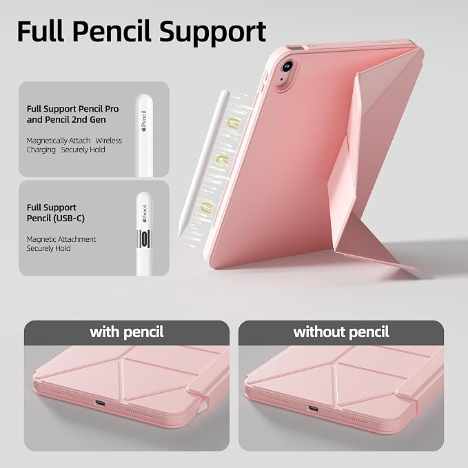 kenke Case for iPad Air 11'' M4/M3/M2 Air 10.9'' 5th/4th Gen Black | Detachable Rotating 360° Magnetic Clear Back Multi-folding Stand Cover Pencil Holder Auto Wake/Sleep Touch ID