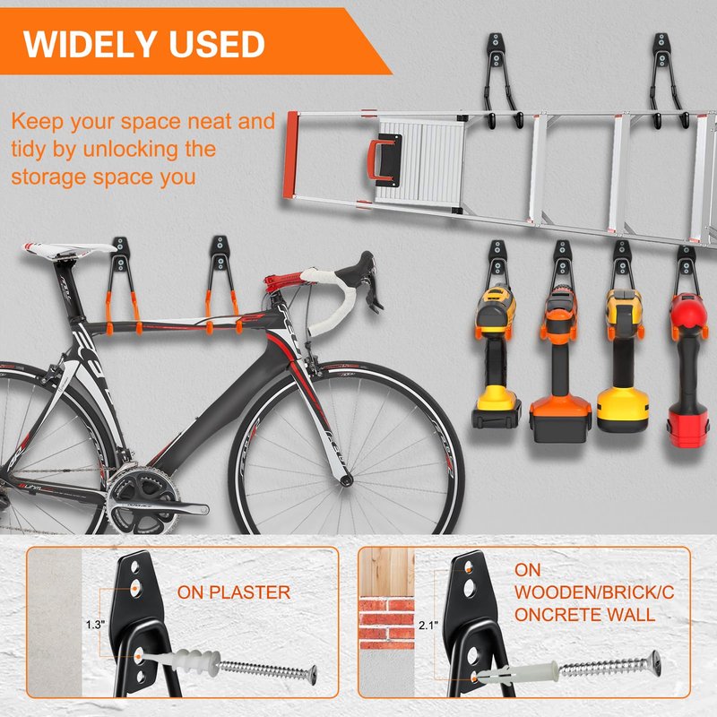 HUPBIPY Garage Hooks Heavy Duty Utility Steel with Anti-Slip Coating Wall Mount Storage Organizer for Hanging Power and Garden Tools, Ladders, Hose, Bikes, Ropes, Bulk Items, and More