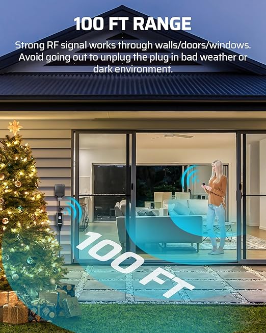 DEWENWILS Outdoor Remote Control Outlet, 15A Wireless Remote Control Switch, 100FT Control Range & 14AWG SJTW Power Cord, Weatherproof for Outdoor Appliances, 1 Remote Control+3 Outlets