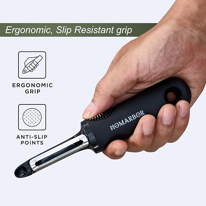 Black Premium Vegetable Peeler | Ultra-Sharp Swivel Stainless Steel Blade | Ergonomic Soft Grip Handle | Mango Peeler | Dishwasher Safe | Skin Peeler for Veggies & Fruits | Potato Peeler & Eye Remover