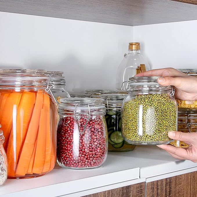 YEBODA 32oz Food Storage Canister Glass Jars with Clamp Airtight Lids and Silicone Gaskets for Multi-Purpose Kitchen Containers - Clear Square (3 Pack)