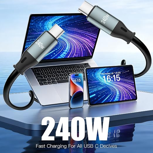 240W Coiled USB-C to USB-C Cable CarPlay &amp Android Auto Car Data Cord | Black 6.2FT retractable cable 240W fast charge works with iPhone 15-17 Galaxy Pixel 8/9 for CarPlay &amp Android Auto