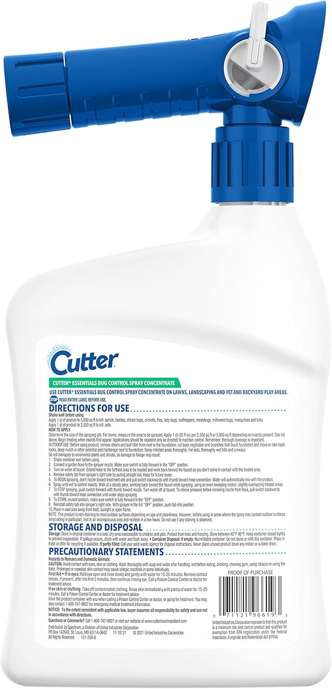 Cutter Essentials Bug Control Spray Concentrate, Kills Mosquitoes by Contact For Insects