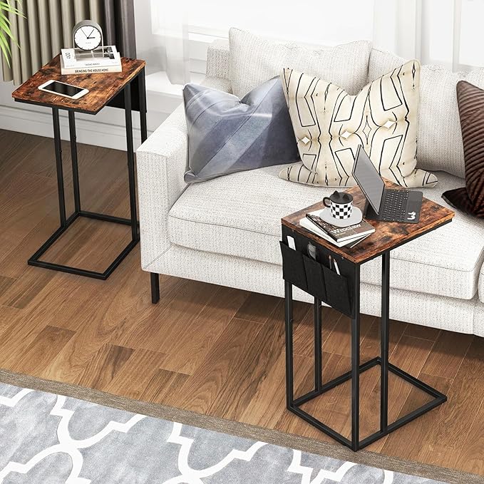 Livofloral C Shaped End Table for Couch, Small Side Table for Sofa With Storage Bag, TV Tray for Living Room, Bedside Table for Bedroom, Snack End Table, Brown