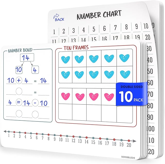 SCRIBBLEDO Number Bonds 9”x12” Small White Board Dry Erase Sheets Math Manipulatives Number Chart Ten Frame Number Line Math Supplies Teacher Students Classroom Pack of 10 Sheets