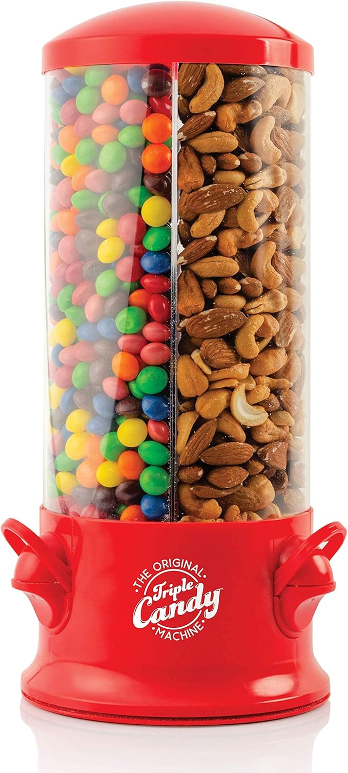 Handy Gourmet The Original Polystyrene Triple Candy Machine - Fun Candy & Nut Dispenser - New & Improved (Red) - 360 Degree and 3 Compartments
