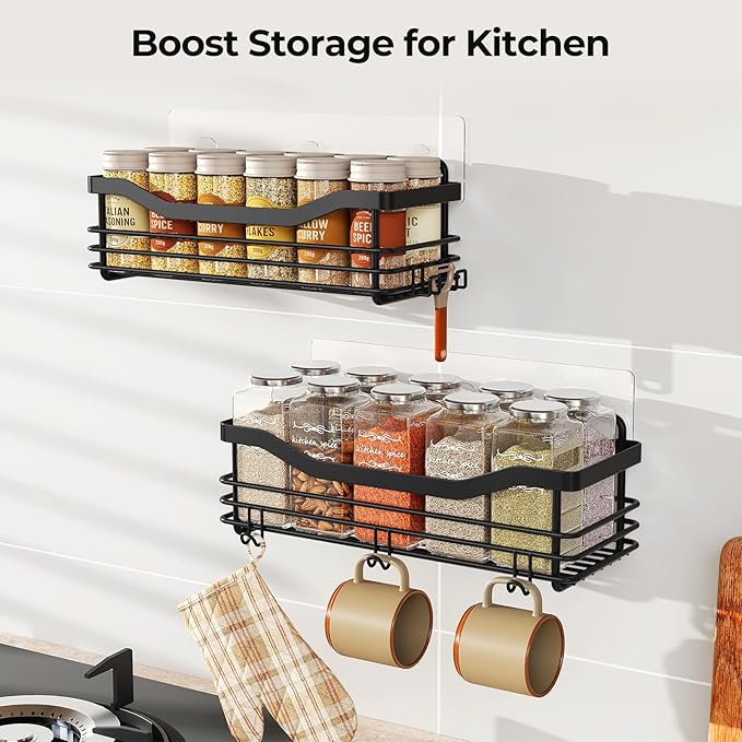 Orimade Shower Caddy Basket Shelf Storage Rack, No Drilling Wall Mounted Adhesive Rust Proof Stainless Steel Shower Organizer with 5 Hooks for Bathroom, Black 2 Pack