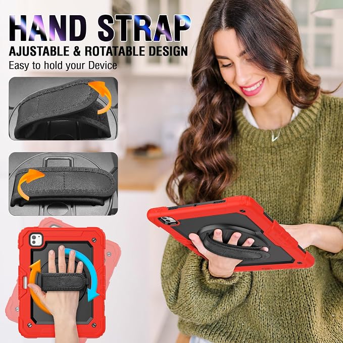 iPad Pro 11 Inch Case 2024 with Screen Protector Pen Holder | iPad Pro 11 5th Generation Case | Three Layer Shockproof Defender Protective Cover W/Stand Hand Strap for iPad A2836/A2837 | Black